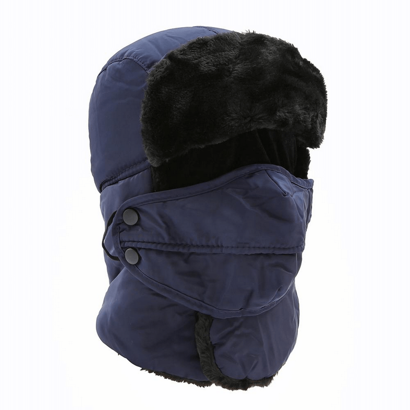 Unisex winter windproof ski cap with earflaps and closed neck, SF0953, in dark blue, perfect for cold mountain conditions.